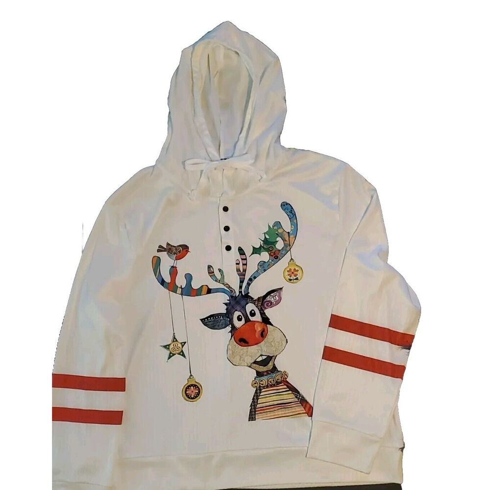 Exclusive XXL Holiday Pullover White Ribbed Reindeer Graphic Long Sleeve Hoodie